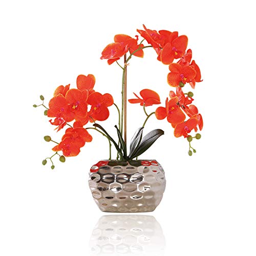 Encoft Butterfly Orchid Artificial Flower Orange Simulation Phalaenopsis Bonsai With Silver Metal Vase For Wedding Party Home Centerpiece Decor #TOP18