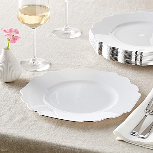 Beautiful Designed Disposable Plates For Party (20 Pc) Heavy Duty Disposable Dinner Set 8.25” , Fine Dining Plastic Dishes For Elegant China Look, Great For Upscale Wedding, Dining & Serving - White #TOP1