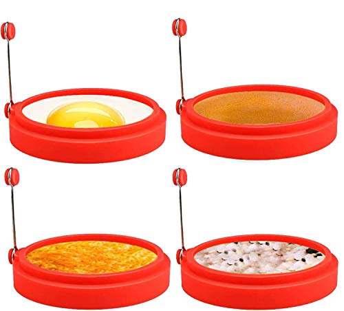 Silicone Egg Rings, 4 Inch Food Grade Egg Cooking Rings, Non Stick Fried Egg Ring Mold, Pancake Breakfast Sandwiches, Egg Mcmuffin Ring(Red,4Pack)â€¦