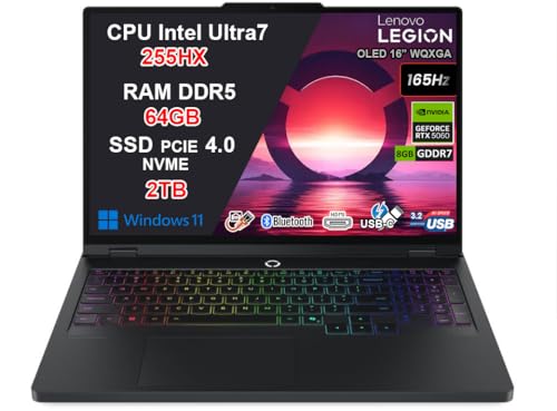 Lenovo Legion Pro 5 Pc Gaming Portatile ULTRA 7 255HX 20 Core, 64 GB RAM DDR5, GeForce RTX 5060 8GB, 2TB SSD, Notebook Gaming Oled Display 16' 165Hz, Laptop Gaming Tastiera RGB, WiFi 7, Thunderbolt 4