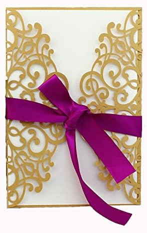 50-Pcs Exquisite Carving Wedding Invitation Kits with Silk Ribbon, Gold