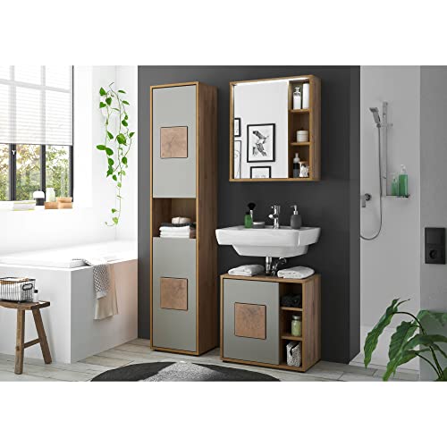 GREECE Hoge badkamerkast in basalt, Wotan eikenlook met hersenhouten applicaties, badkamerkast met veel opbergruimte, 40 x 190 x 30 cm (b x h x d) - Afbeelding 5