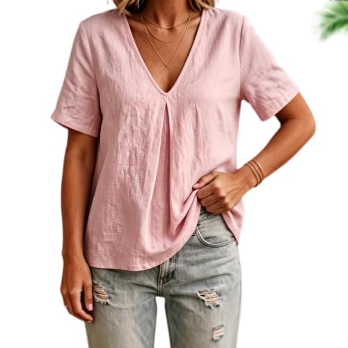 Blouse en lin plissée haut de gamme avec col en V chic et coupe fluide