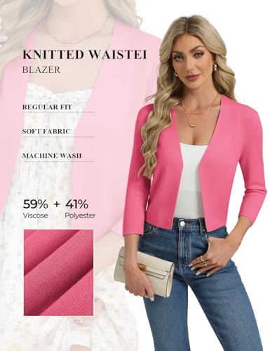 GRACE KARIN Womens Cardigan Sweaters, Lightweight Cropped Shrugs, Open Front 3/4 Sleeve Business Casual Knit Blazer Hot Pink — view 4