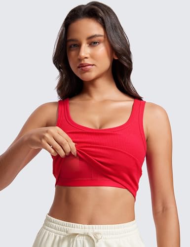 Image of CRZ YOGA Ribbed U Neck Crop Tank Tops | Medium Support, Removable Pads, Casual, Wide Straps, Longline Sports Bras for Women