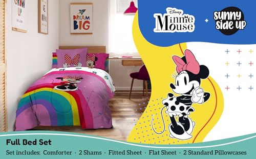 Image of Sunny Side Up Disney Minnie Mouse Full Comforter Set - 7 Piece Kids Bedding Includes Comforter, Sheets & Pillow Cover - Super Soft Rainbow Dots Microfiber Bed Set
