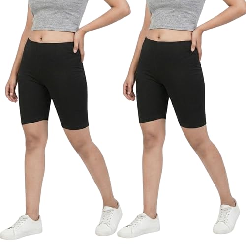 Image of Women's Cotton Lycra Cycling Shorts | 95% Cotton 5% Spandex | Stretchable Knee Length Tights for Gym, Yoga & Sports