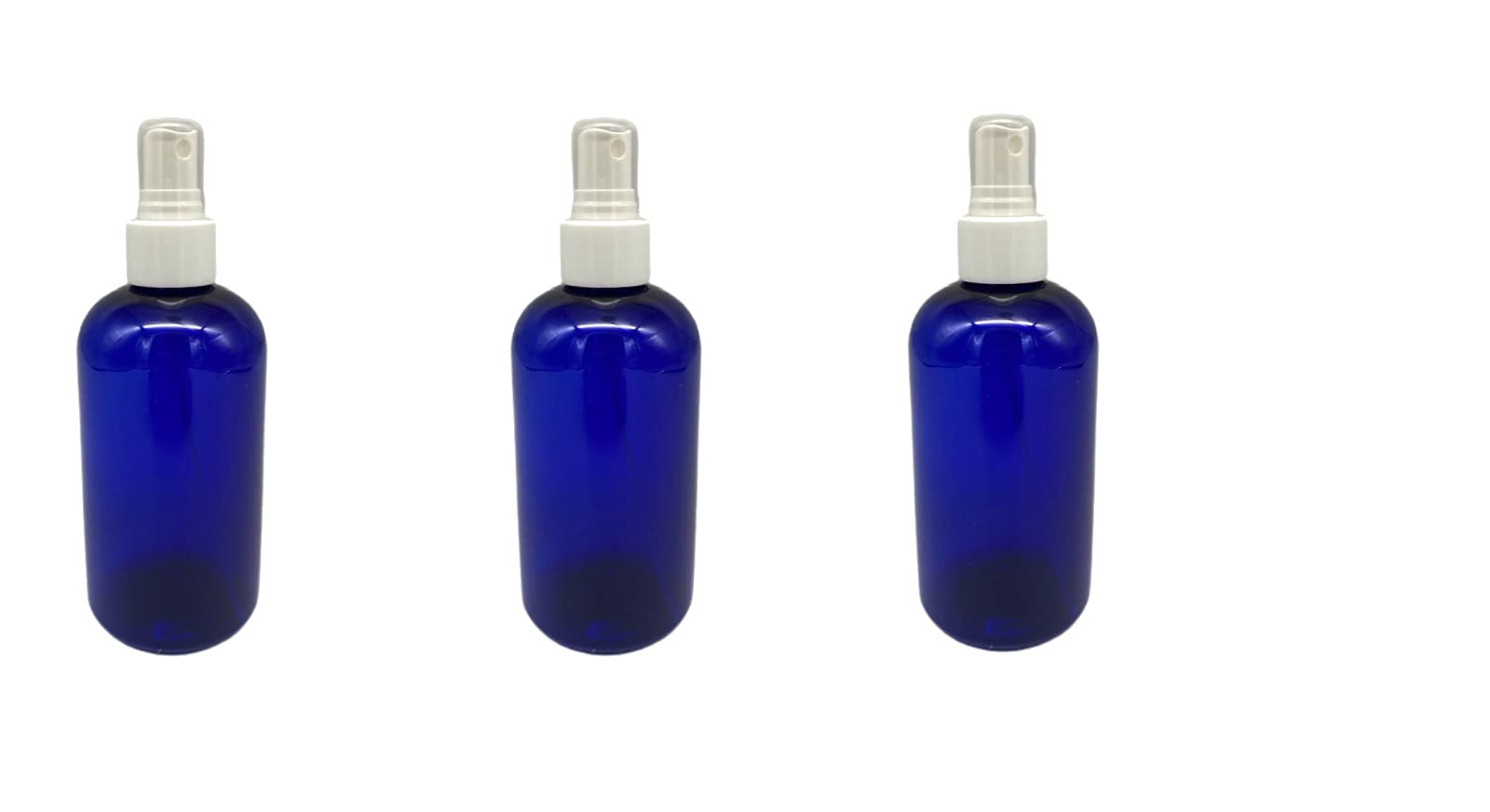 Natural Farms 3 Pack – 8 oz - Blue Boston Plastic Spray Bottles - White Fine Mist Sprayer & Dust Cap for Essential Oils, Perfumes, Cleaning Products