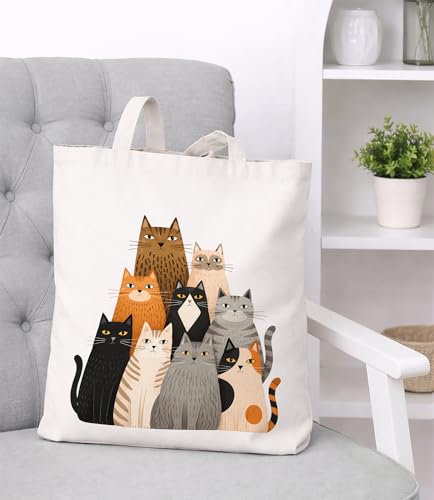 Image of Cute Cat Canvas Tote Bag for Women, Aesthetic Reusable Shoulder Bag for Shopping Travel Work