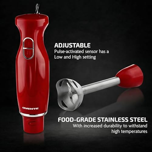 Image of OVENTE Immersion Hand Blender, 300W Electric Handheld Stick Mixer with 2 Mixing Speeds and Stainless Steel Blades for Smoothies, Purees & Baby Food, Red HS560R