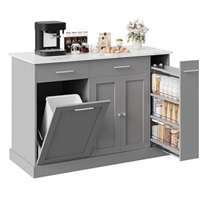 4 EVER WINNER Kitchen Island with Trash Can Storage, Kitchen Island on Wheels with Marble Countertop and Storage Cabinet, Spice Rack, Towel Rack, Portable Kitchen Islands, Gray