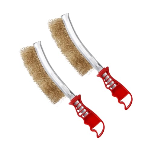 Juego de 2 cepillos de latón para barbacoa, cepillos de alambre de alambre, cepillo de latón para barbacoa de hierro fundido, cepillo de alambre de mano con mango de plástico curvado para la limpieza