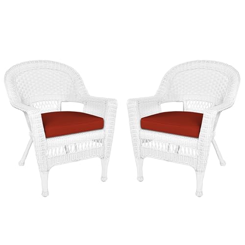 Jeco Wicker Chair with Red Cushion, Set of 2, White/W00206-