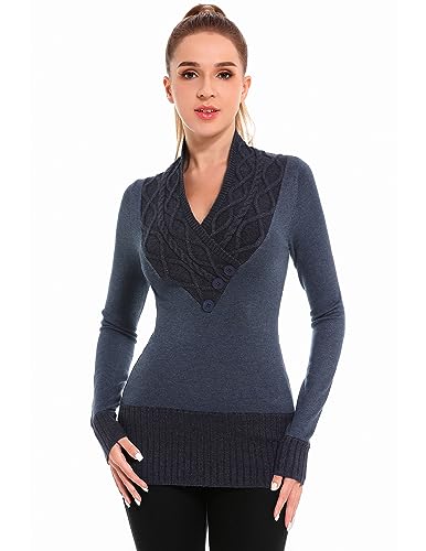Image of AmélieBoutik Women Crossover Cable Knit V Neck Long Sleeve Pullover Sweater, Navy Blue, XS