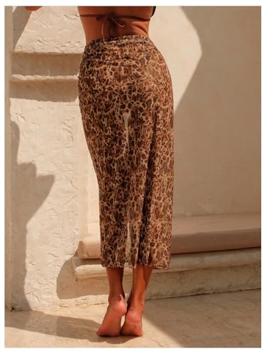 Verdusa Women's Cheetah Sheer Sarong Beach Cover Up Split Thigh Tie Front Wrap Midi Skirts2