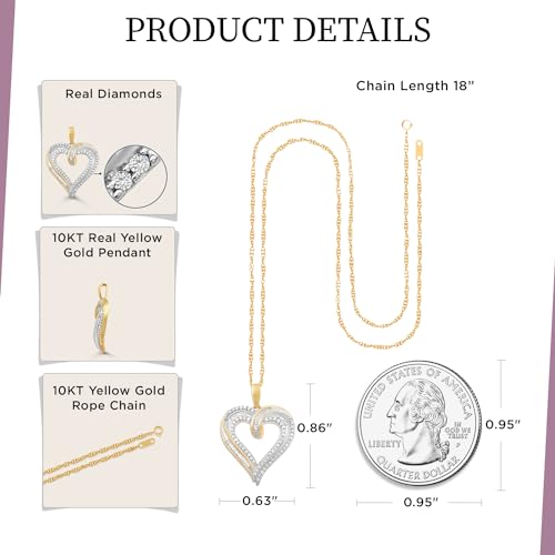Jewelili 10K Rose or Yellow or White Gold 1/4 Cttw Natural White Round and Baguette Diamond Heart Shape Pendant Necklace 18" Rope Chain3