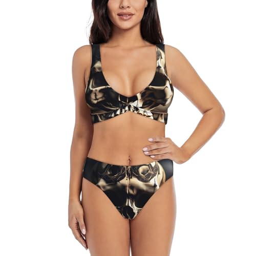 Skull Rock Roll Skeleton Bone Print - Conjunto de bikini para mujer, cintura alta, traje de baño deportivo de dos piezas, Negro -, Medium