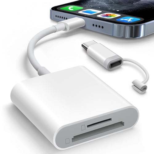 SD Card Reader for iPhone iPad Built-in Dual Lightening & USB-C Connector Card Adapter with SD MicroSD 2 Slots Trail Camera Memory Card Viewer, Portable No App Required Plug and Play - White
