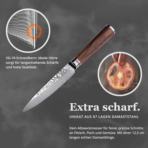 Wakoli Nussbaum Allzweckmesser 12,5 cm | aus 67 Lagen Damaststahl mit VG10-Kern | mit ergonomischem Nussbaumholzgriff | für Fleisch, Fisch & Gemüse | in Geschenkbox für Hobby- & Profiköche