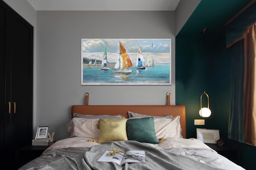 Ardemy Sailboat Canvas Wall Art Large Framed Nautical Pictures Wall Decor Living Room Coastal Paintings Ocean Textured Artwork Bedroom Dining Room Home Office, 48"x24" - Image 3