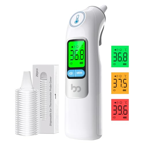 Thermomètre Auriculaire pour Adultes et Bébés | Précision Professionnelle | Alerte Fièvre à 3 Couleurs | Mode Silencieux | avec 20 Embouts Jetables