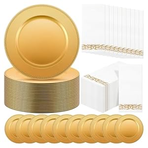 Nosiny 50 Set (100 Pcs) Charger Plates Set Bulk 50 Plastic Plate Chargers 50 Paper Napkins 13 Inch Round Dinner Chargers Plates for Wedding Party Table Setting Baby Shower Event Decoration(Gold)