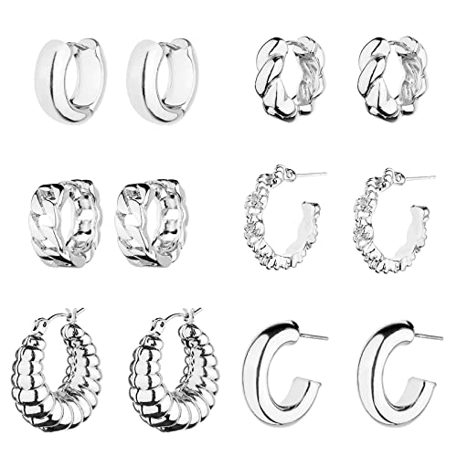 Image of Wgoud 6 Pairs Chunky Gold Hoop Earrings for Women, 14K Gold Plated Hoop Earrings Hypoallergenic, Thick Lightweight Twisted Huggie Hoops Earring Set for Women's Jewelry GIfts