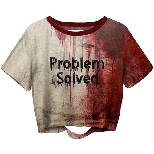 Women Fall Halloween Graphic Distressed Crop Shirt Funny Ghost Pumpkin Printed Short Sleeve Tee Family Matching Top