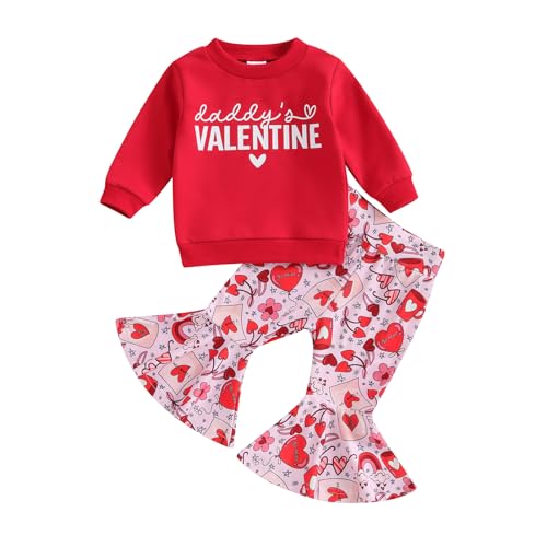 Toddler Baby Girl Valentines Outfit Daddy 's Valentine Crewneck Sweatshirt Shirts Flare Pant Valentines Clothes … (Red - Daddy's Valentiens, 18-24 Months)