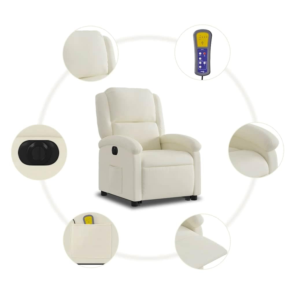 Sillón elevador eléctrico reclinable de terciopelo crema con 6 puntos de vibración y función de elevación automática, cómoda y estable para relajación