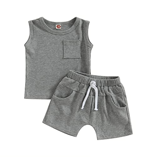Toddler Baby Boy Clothes Summer Outfits Set Solid Color Sleeveless Tank Tops with Breast Pocket + Shorts (Grey, 12-18 Months)