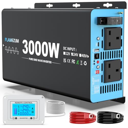 FLAMEZUM 3000w Pure Sine Wave Power Inverter DC 24V to AC 240V Voltage Converter with 2 AC Outlets,1 USB-A Port,1 USB-C Port,LCD Remote Control,for Motorhomes,Trucks,Boats,Camping,6000W Peak