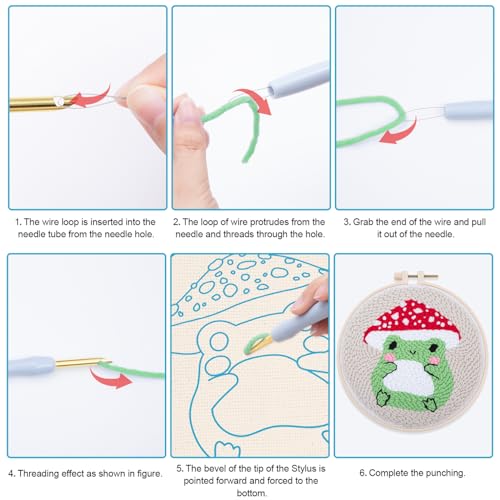 Image of Louise Maelys Beginners Punch Needle kit,Embroidery Starter Kits for Adults,Rug Tool,Cross Stitch Including Handle Pen,Cloth,Hoop,Threads and Instruction-Mushroom Frog Pattern