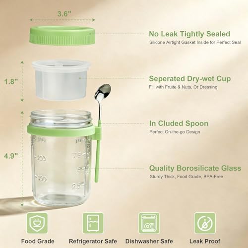 Image of 6 Pack Green Overnight Oats Containers with Lids & Spoon - 16 oz Glass Mason Jars with Separate Divider Leakproof Sugar Packet Holders Chia Yogurt Parfait Cups for Oatmeal Cereal Meal Prep