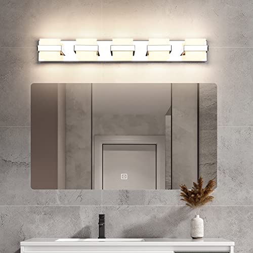 Image of SOLFART 5 Lights Chrome Bathroom Light Modern LED Vanity Lights for Bathroom Light Fixture 34 inch Warm Light Non Dimmable