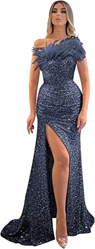 Robe de soirée longue en plumes grande taille 48 fendue bleu marine