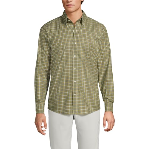 Lands' End Mens Traditional Fit No Iron Twill Shirt River Stone Green/Gold Plaid Regular X-Large