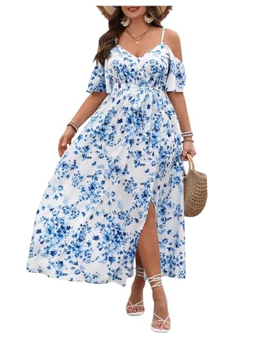 Floerns Women's Plus Size Cold Shoulder Short Sleeve Split Thigh Long Dress Pale Blue 3X-Large Plus