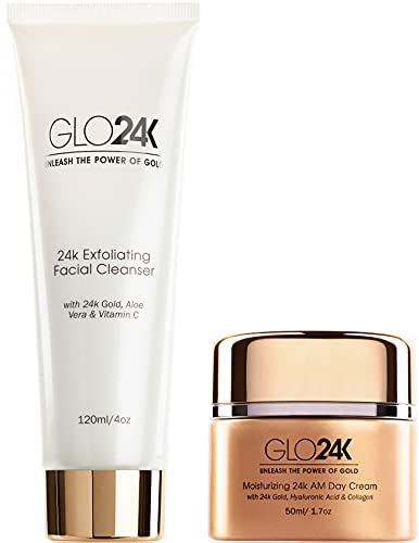GLO24K Exfoliating Facial Cleanser & Day Cream with 24k Gold, Collagen, and Vitamins A,C,E. For a Radiant appearance and Fresh Looking Skin.