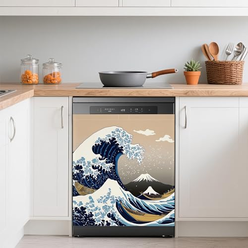 Image of Dishwasher Magnets Decorative Cover,Japanese Sea Wave Refrigerator Magnet Cover,Washable Vintage Boats Dishwasher Front Panel Cover Home Kitchen Decoration 23x26 Inch