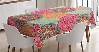 ABAKUHAUS Mandala Tablecloth, Antique Tribal Mandala, Dining Room Kitchen Rectangular Table Cover, 54 W X 78 L, Fuchsia Orange