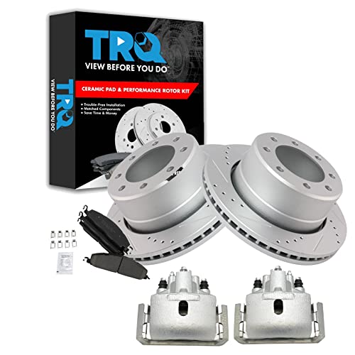 TRQ Rear Performance Brake Pad & Rotor Kit Brake Caliper Brake Pads Brake Rotors Set Ceramic Vented Premium G-Coated Compatible with 2012 Ram 1500 -  BKA26927