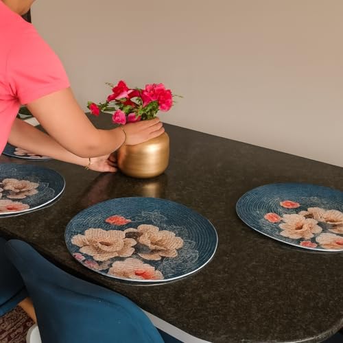 Image of Jute Cotton Round Table Mats Set of 6 - Dining Table mat 6 Pieces Waterproof, Elegant and Durable for Dining Table (Blue Lilly)