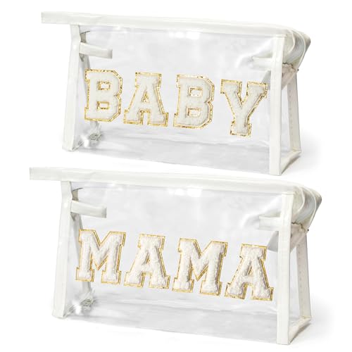 EZdhuawuse Mother's Day Cosmetic Bags - 2Pcs Summer Preppy Patch White MAMA BABY Chenille Varsity Letter Clear Toiletry Makeup Bag Aesthetic Waterproof Portable Makeup Pouch Clutch Purse for Mom