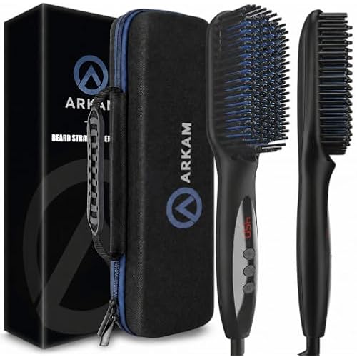Arkam Beard Straightener for Men -Premium Heated Beard Brush Kit w/Anti-Scald Feature, Dual Action Hair Comb and Hard Shell Travel Case for Medium to Long Beards - Costume and Grooming Gifts for Men