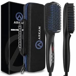 Arkam Beard Straightener for Men - Premium Heated Beard Brush Kit with Anti-Scald Feature, Dual Action Hair Comb and Hard Shell Travel Case for Medium to Long Beards
