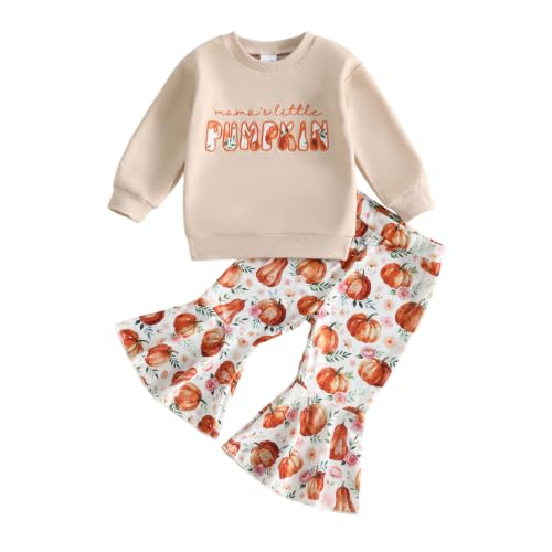 Image of Toddler Girl Halloween Outfits Pumpkin Print Top Flared Pants | Pumpkin Letter Embroidery Crewneck Sweatshirt + Flare Pants; 70% cotton, 22% polyester, 8% elastane Top; Sizes 12M-5T