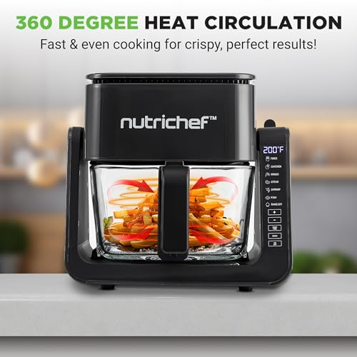 NutriChef 4 QT Air Fryer & Grill | 7-1 Preset Cook Modes | Transparent Fry Bowl for Best Cooking Results | Cook Shrimp, Steak, Fries, Wings & More | 4 QT Glass Air Fryer & 1.2 QT Grill | Black by NutriChef - Image 4