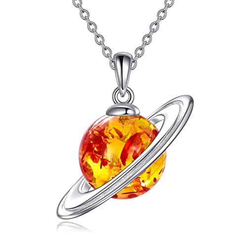 LONAGO Amber Saturn Necklace Cosmic Saturn Planet Pendant Necklace Gift for Women
