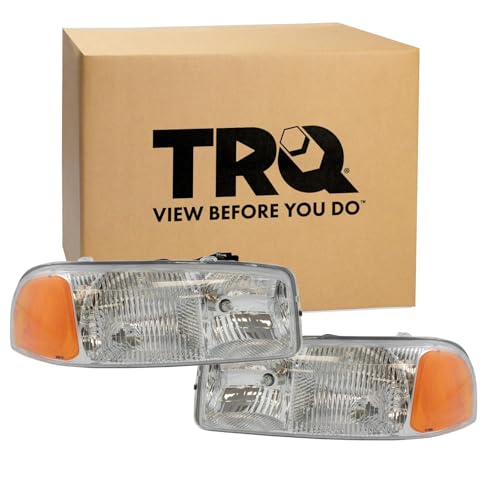 Image of TRQ Driver and Passenger Side Headlight Assembly Set Compatible with 99-07 GMC Sierra 1500 00-06 Yukon 00-06 Yukon XL 1500 99-04 Sierra 2500HD 01-06 Sierra 3500 00-06 Yukon XL 2500